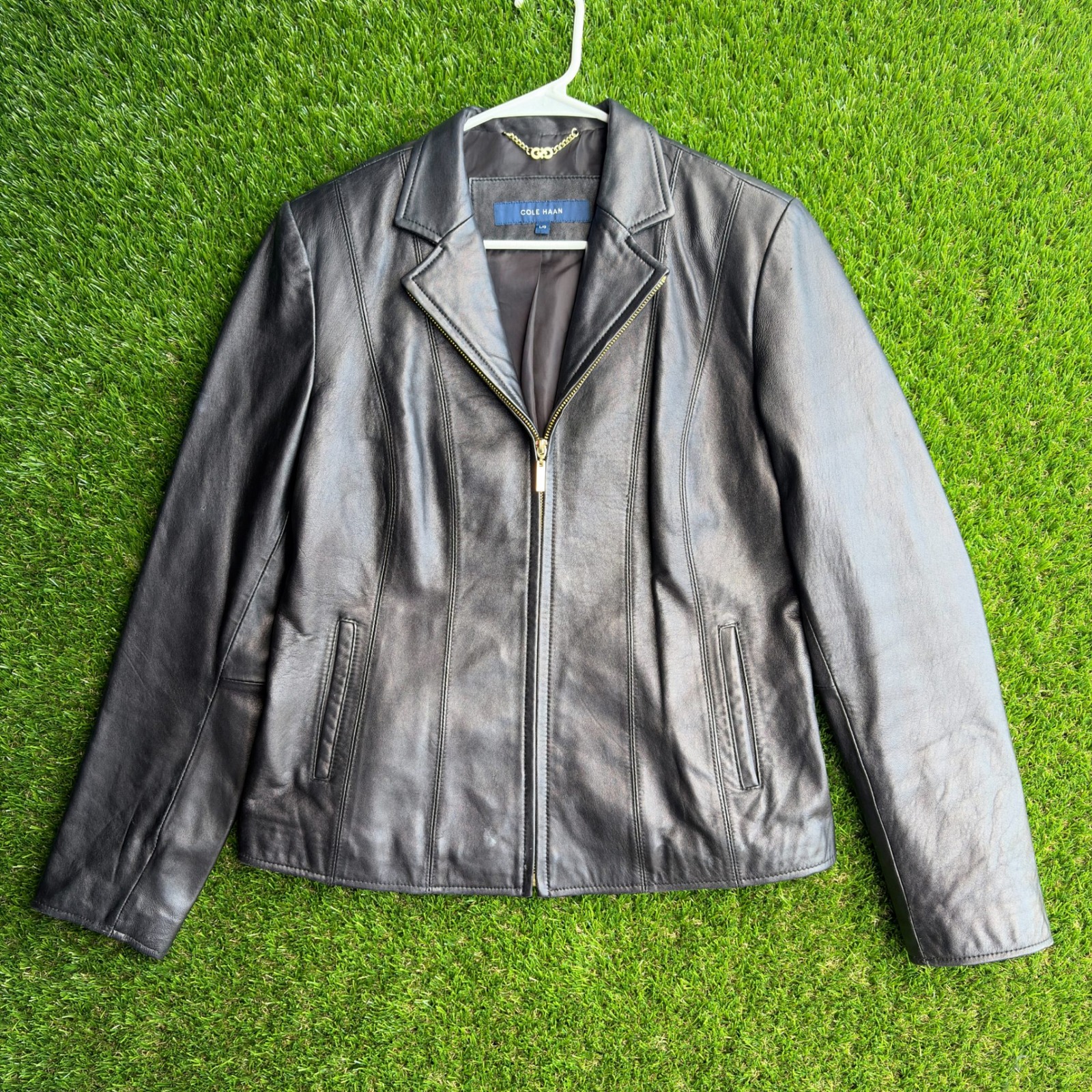 Cole Haan Womens Black Genuine Lambskin Moto Racer Leather Jacket Zip Size Large